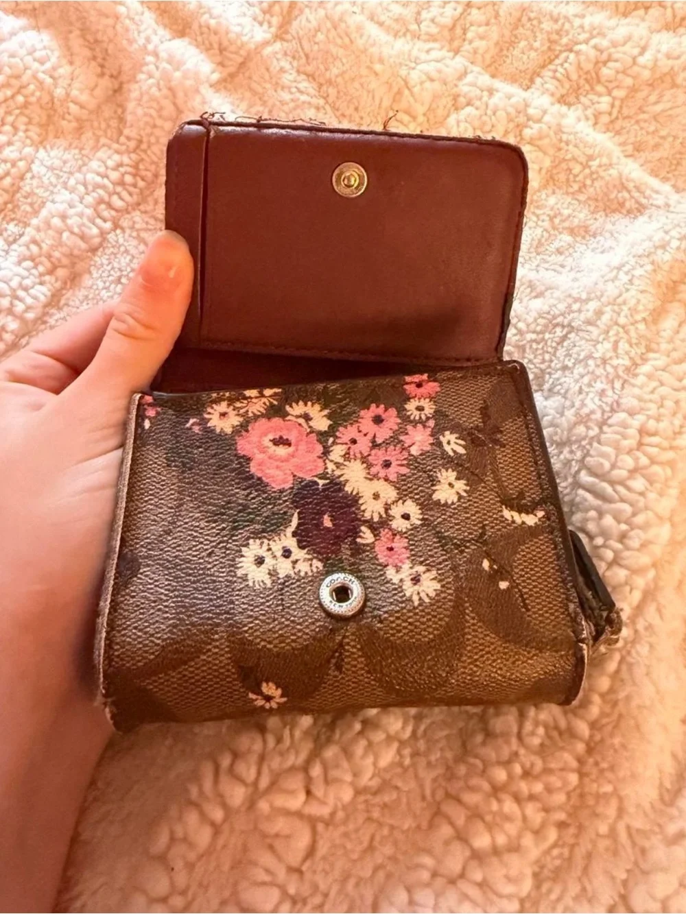 COACH Brown Floral Print Compact Wallet